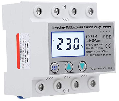 Protector de Voltaje 230V/400VAC Protector de Sobretensión y Subtensión Ajustable Multifuncional con LCD Trifásico Reinicio Automático Protector STVP‑932 (50A)