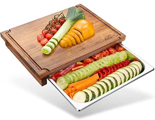 Premium Schneidebrett aus Akazienholz mit Auffangschale aus Edelstahl