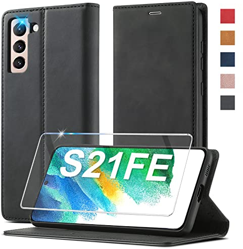 Handyhülle für Samsung Galaxy S21 FE Hülle mit Schutzfolie [Premium PU Leder] [Kartenfach] [Standfunktion] Case Cover Leder Klappbar Schutzhülle Etui Kompatibel für Samsung Galaxy S21 FE 5G Klapphülle