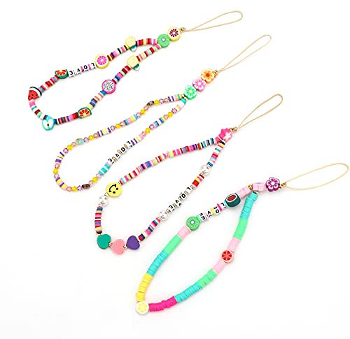 AIEX 4pcs Colourful Phone Lanyard Beaded Phone Charm Wrist Strap Rainbow Smiling Face Flower Fruit Heart-Shaped Letters Pearl Handmade Clay Acrylic Beads Key Phone Chain Accessory for Women Girls