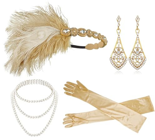 Cizoe 1920er Jahre Flapper Gatsby Kostüm Zubehör Set 20er Jahre Flapper Stirnband Vintage Perle Halskette Handschuhe, re, Einheitsgröße