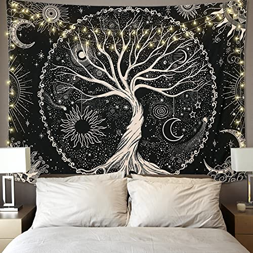 Betylifoy Baum des Lebens Tapisserie Mond und Sonne Schwarzer Wandbehang Tapisserie Psychedelisches Mandala Stern Wandteppich Hippie Tapisserie für Schlafzimmer (Baum, 175x230cm)