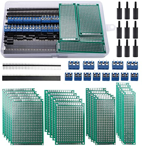 VooGenzek 75 PCS PCB Board Kits, Include 20 PCS Double Sided PCB Board Prototype Circuit Board, 20 PCS Male/Female Header Connector, 15 PCS 2/3Pin Screw Terminal with 20 PCS Nylon Column