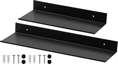 Xiumeso 2pcs Étagères Murales en Métal, Étagère Flottante à Suspendre Noir en Forme de L, Charge Maximal 10 Kg, 30cm 40cm Tablette Salle de Bain Rectangulaire avec Trous et Vis pour Salon, Chambre