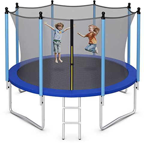 GYMAX 8FT/10FT/12FT Kids Trampoline with Safety Net, Padded Poles and Ladder, Combo Bounce Children Trampoline for Outdoor Indoor (12FT, Internal-Net) Blue + Black