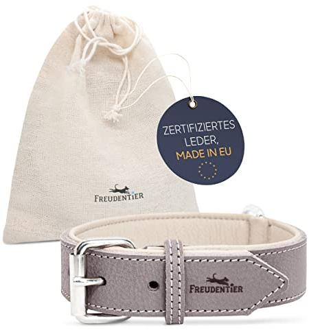 FREUDENTIER Hundehalsband aus Leder, Made in Holland, gefüttert & super komfortabel, hochwertiges breites Lederhalsband aus Vollnarbenleder, Model “Amstelpark” (42-52cm Halsumfang, Graubraun)