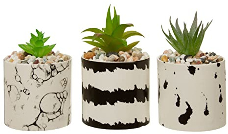 Premier Housewares Set Of 3 White/Black Succulents/Artificial Fake Succulent Plants/Mini Artifical Small Succulents Plants/Planter For Succulent Plants / W8 x D8 x H7cm