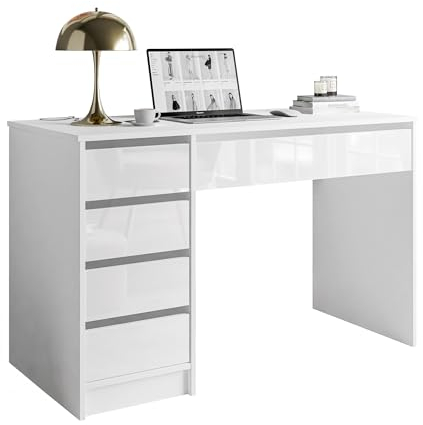 lukmebel Mada Stilvoller Schreibtisch mit 5 Schubladen platzsparendes Möbel für Schlafzimmer Arbeitszimmer oder Büro aus laminierter Platte mit ABS-Kante 120x75x55 cm Weiß/Weiß Glänzend