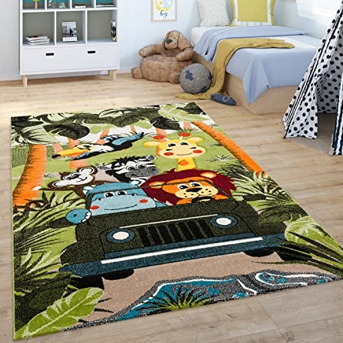 Paco Home Teppich Kinderzimmer Kinderteppich Junge Mädchen Spielteppich Tier Motiv Dschungel Palmen Muster Grün Grau Gelb, Grösse:160x230 cm