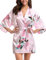 Migcaput Kimono Damen Kurz Satin Bademantel mit Gürtel V-Ausschnitt Morgenmantel Leicht Seide Nachtwäsche Sexy mit Blumen Muster für Frauen Rosa S