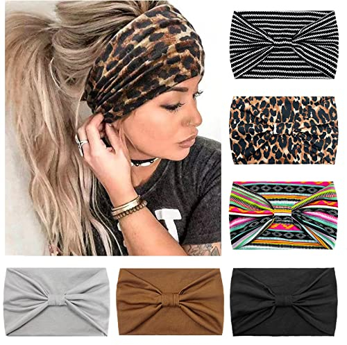 Kavya 6 Pcs Stirnband Damen Breite Elastische Weiche Boho Haarbänder Leopard Print Haarschmuck Yoga Sport Haarband Mehrfarbig Haarreifen Damen