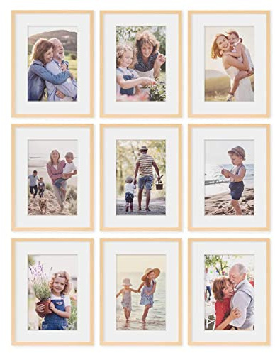 PHOTOLINI Bilderrahmen 30x40 Holz MDF Natur, 9er Set Bilderrahmen 40x30 cm mit Passepartout, bruchsicheres Acrylglas, Rahmen 30 x 40 zum Aufhängen, extra Zubehör - Rahmen 30x40 für Fotos & Poster