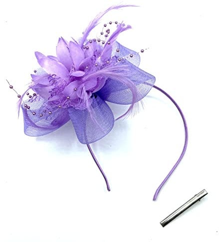 Ladies Beaded Feather Fascinator Clip/Headband Weddings, Races, Royal Ascot (Lilac)