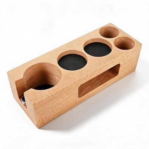 Kaffee-Tamper-Halter aus Holz, Tamper-Station Anti-Rutsch-Espresso-Tamper-Ständer, Espresso-Tamper-Ständer aus Holz für Siebträger, Tamper und Verteiler (58 mm 5-Loch)