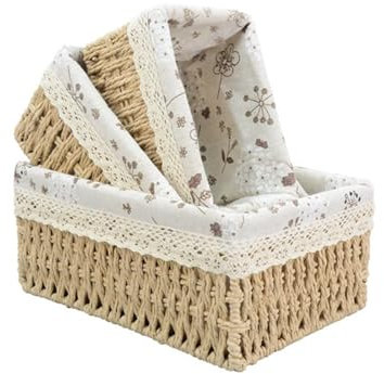Lot de 3 paniers tressés - Panier de rangement tressé avec doublure - Panier en jacinthe d'eau - Organiseur de salle de bain - Panier de table à langer - Panier en osier - Beige