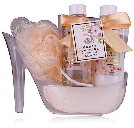 Accentra - Set de douche cadeau pour femmes HONEY JASMINE dans de beaux pumps - Kit soins 3 pcs avec gel douche, lotion et éponge de bain - Cadeaux bien-être pour l'anniversaire, Saint Valentin