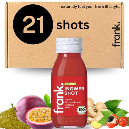 Frank Juice Bio Ingwer Shots Energy 21 x 60 ml, Vegan & in Glasflaschen | Mit Guarana, Mate und Passionsfrucht | ohne Farb-, Süß- oder Konservierungsstoffe | nachhaltiges Premiumprodukt