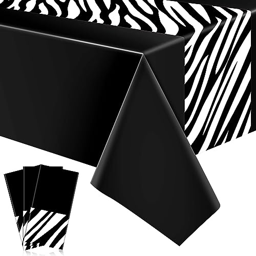Buryeah 3 Pcs Zebra Tablecloth Zebra Print Plastic Table Cloth Disposable Tablecloth Animal Safari Table Cover 54 x 108'' for Baby Shower Wedding Birthday Party Decorations Supplies (Black)
