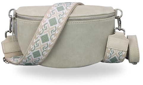 BRISE Bauchtasche Damen Echtes Wildleder SAHEL Handgemachte Umhängetasche Crossbody Bag Hüfttasche mit Ledergurt + Optionalen Breiten Gemusterten Riemen Gürteltasche Made in Italy (Beige 2)