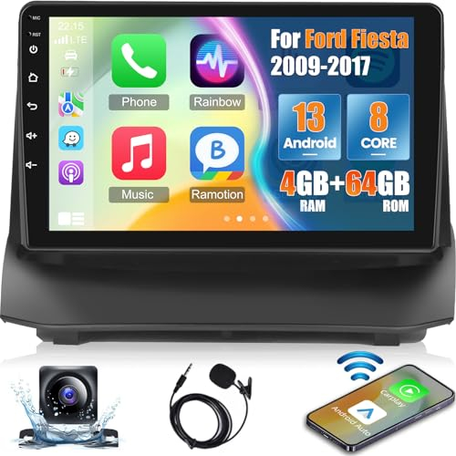 4 + 64G Android Autoradio für Ford Fiesta 2009-2017 mit Carplay und Android Auto - 8 Core 9 Zoll Touchscreen Radio - WiFi GPS DSP Spilt Screen Voice Assitance + Rückfahrkamera & Mic