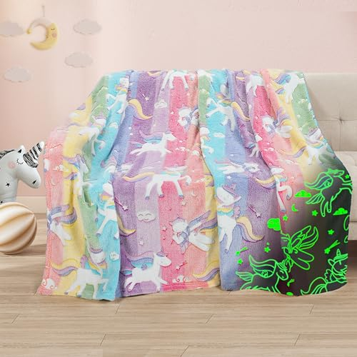 Catalonia Classy Kuscheldecke Kinder Leuchtet im Dunkeln Einhorn, Weich Flauschig Fleece Plüsch Kinderdecke für Sofa Bett, Kuschelig Warme Geschenk Decke für Mädchen, 150 x 130 cm, Einhorn