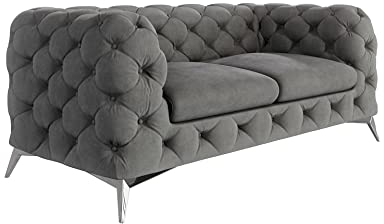 S-Style Möbel Maria Sofa 2-Sitzer Chesterfield-Sofa Wohnzimmer Lounge Couch mit verchromten Füßen Freistehende Polster Sofas & Couches Sofagarnitur Couchgarnitur Grau 185x 73x100 cm