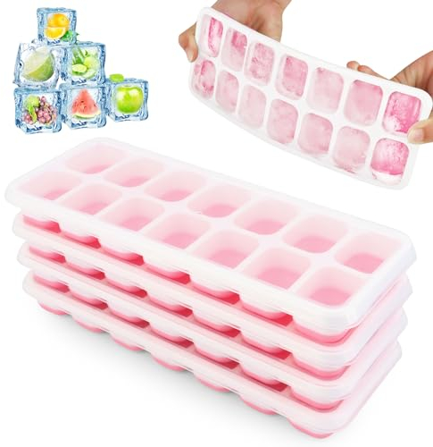 4 Stück Eiswürfelform, Eiswürfelform für Eiswürfel, Mit Deckelm, Eiswürfelbehälter mit Deckel 56, Stapelbar, für Gekühlte Getränke, Whisky und Cocktails (Rosa)