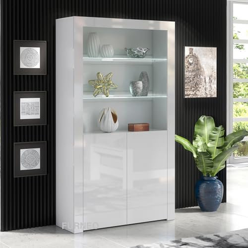 Furneo Clifton 20 – White Display Cabinet, Modern 2-Door Cupboard, High Gloss & Matt Finish, White LED Lights