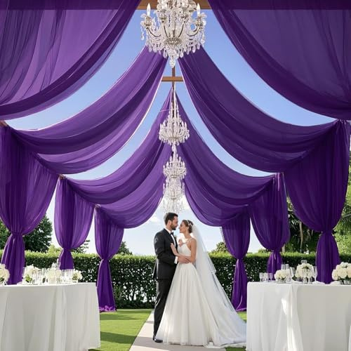 MODFUNS Royal Purple Ceiling Drapes Sheer Chiffon Draping Fabric 5x30ft 4 Panels Wedding Arch Drapery Tulle Ceiling Curtain for Wedding Arch Party Arbor Tent Decorations
