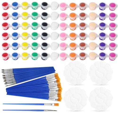 Mini Acrylfarben für Kinder Set, 6 Sätze 12 Farben Waschbaren Ungiftig Acryl Farben Set mit 30 Pinseln und 4 Farbpaletten, Schulmalfarben Temperafarben Töpfe Klein für Kurse, Familienaktivitäten