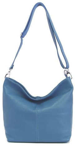 Made in Italy Damen Leder Tasche Umhängetasche Shopper Cross Over Body Bag Handtasche Ledertasche Schultertasche Hobo Bag Jeansblau
