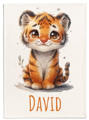 Pictogogo Personalisierte Babydecke mit Namen und Datum - Kuschelige Meilensteindecke aus Minky-Fleece, Ideal als Geburtsgeschenk (Tiger)