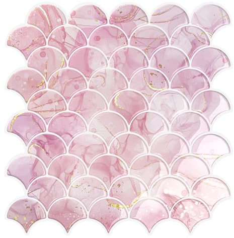 VEELIKE Pink Fish Scale Wall Tiles 12 Sheets Stick on Tiles Kitchen Peel and Stick Backsplash Self Adhesive Tile for Bathroom Walls Waterproof Wall Tile Stickers Laundry Room Fireplace 30.5cm×30.5cm