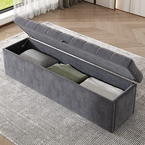 ModernLuxe Ottoman Storage Bench, Upholstered Velvet Blanket Box, End of Bed Storage Bench, Footstool with Storage, Suitable for Hallway, Living Room, Bedroom, 135x41x42cm, Grey
