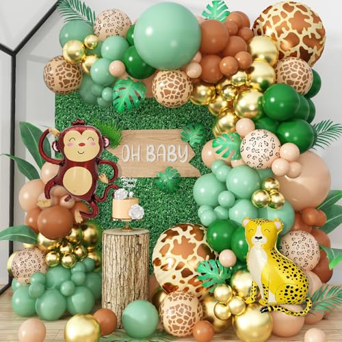 Green and Beige Jungle Safari Balloon Arch Kit with Animal Foilballons, Olive Green Cream and Brown Balloons Garland Kit for Kids Baby Shower Birthday Forest Wild One Woodland Theme Party Decoratio