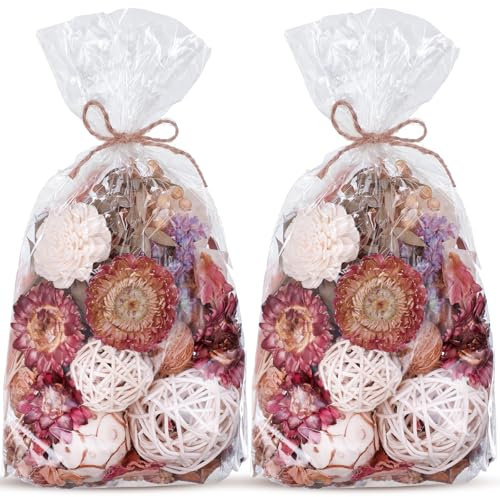 Nuanchu Lot de 2 grands bols décoratifs pour pot-pourri - Boules en rotin - Pour maison, centre de table, mariage, décoration de Noël (série rose, style rustique)