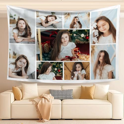 HDYFYP Wandteppich mit Eigenem Foto Name, Personalisierter Foto Collage Tapisserie Selber Gestalten Bedrucken Wandbehänge Wandtuch Geschenk für Schlafzimmer Wohnzimmer Weihnachten (9 Fotos)