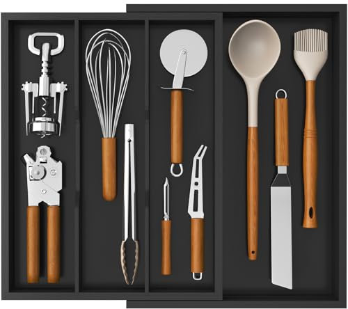 Lifewit Organizador Utensilios Extensible, de 3 a 4 Compartimentos, Bandeja Cubiertos de Bambú, Separadores Ajustable de Cajones Cocina Armario, para Cuchillos/Herramientas/Cucharas/Tenedores, Negro