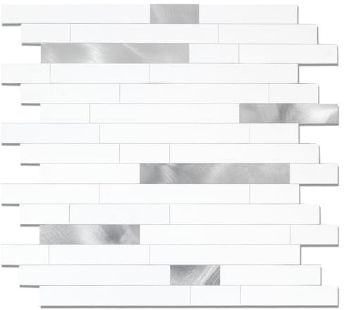 Yipscazo 5 Blätter schälen und kleben Stein Metall Fliese Backsplash, Stick auf Fliesen für Backsplash Küche, Bad, Waschküche, Camper, Kamin (12'' X 12'', Weißes Metall)