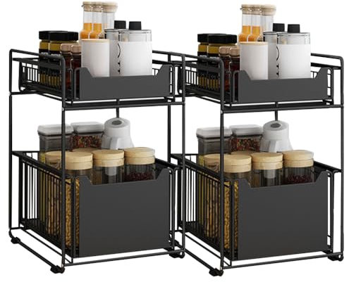 HUOLE Rangements sous Evier 2 Niveaux Organisateur Coulissant avec 2 Tiroirs, Panier Coulissan pour Cuisine, Garde-Manger, Chambre, Porte-épices-37,4 * 26,5 * 44 cm-noir (2 pièce)