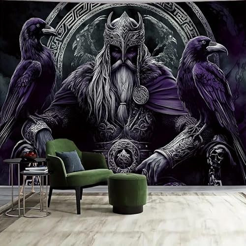 FENDROM Nordischer Wikinger-Tapisserie, Odin, Krieger, Schwert, Axt, Rabe, Wandteppich, quadratischer Knoten, Tattoo, Wandbehang, nordische Meditation, Runen für Herren, Schlafzimmer, ästhetisch,