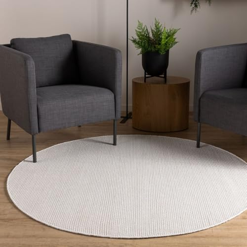 Interiyou handgewebter Baumwollteppich Riga - 160x160 cm Rund Weiß - Handwebteppich für Wohnzimmer, Schlafzimmer - 100% Handarbeit Naturfaser Teppich Flachgewebe