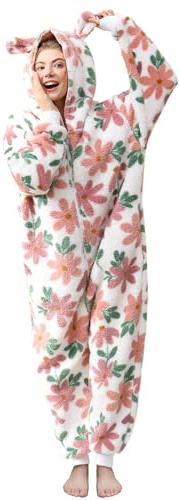 Focupaja Pigiama Fuzzy Donna con Cappuccio Adulto Onesie Zipper Caldo Pile Stampato Inverno Sleepwear Natale Jumpsuit Foglia S