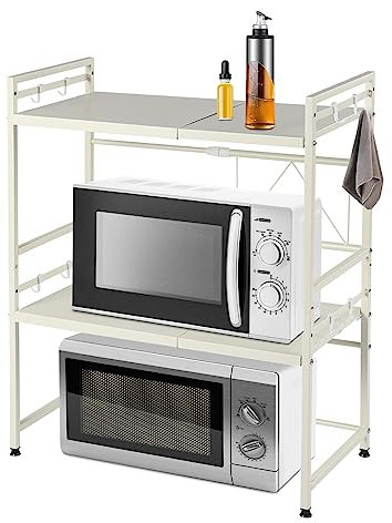 3 Tiers Microwave Storage Rack Extendable Microwave Oven Rack Shelf Kitchen Shelves with 8 Hanging Hooks Microwave Stand 50KG Load Capacity Suitable for Microwave Toaster Oven Kettle Coffee Maker etc