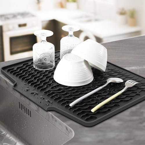 UOSHXAH Tapete de silicona para secar platos con borde de drenaje para encimera de cocina, tapete escurridor de platos plegable para fregadero, fácil de limpiar, resistente al calor, antideslizante