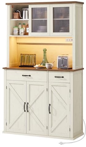 VASAGLE Meuble de Rangement avec Lumières et Chargeur, Placard de Cuisine, avec Portes et Tiroirs, 39,5 x 106,5 x 180,6 cm, Étagères Réglables, Style Campagne, Blanc Rustique et Marron Miel BBK391W02