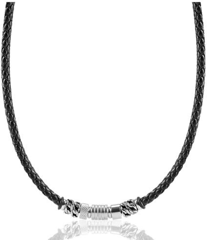 Casisto.J Herren Lederkette mit Anhänger aus Edelstahl, Schwarz Leder Geflochten Halskette mit Druckknopfverschluss Lederhalsband für Männer Schmuck