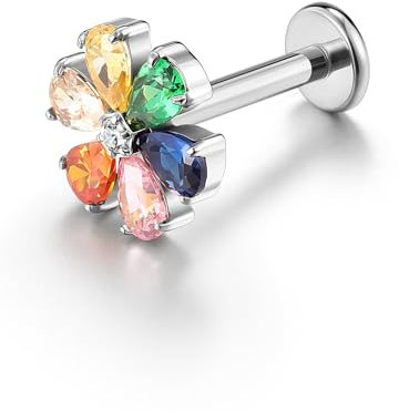 PiercingJak 16G Titan Helix Piercings mit bunte Zirkonia Blume Innengewinde Lippenpiercing Labret Medusa Monroe Ohr Klein Tragus Stud Piercing Stäbe Stecker 8mm, Silber