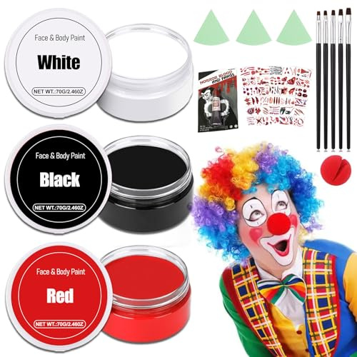 Halloween Clown Schminke Schwarz Weiß Rot Makeup mit 5 Pinseln,Halloween Vampir Makeup Creme Gesicht Körperfarbe SFX Make-up Joker Gothic Zombie Schminke für Erwachsene Kinder,Karneval, Wasserdicht