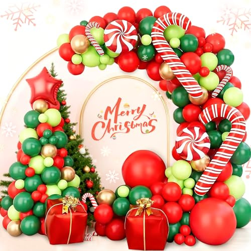 Fairblo Christmas Balloon Arch Kit, 148 Pcs Red Green Gold Xmas Balloon Garland with Star Gift Box Candy Cane Foil Balloons, Christmas Balloons for Xmas Party Decor New Year Winter Holiday Party